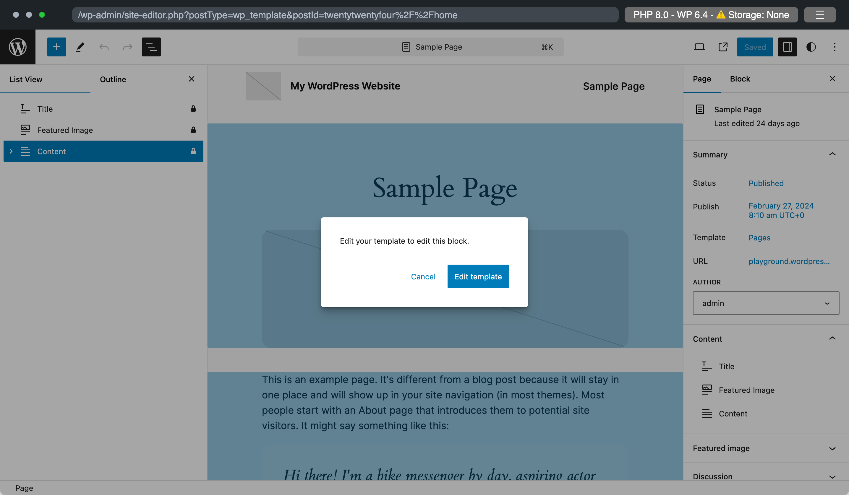 Screenshot of the page editing experience inside of the site editor.